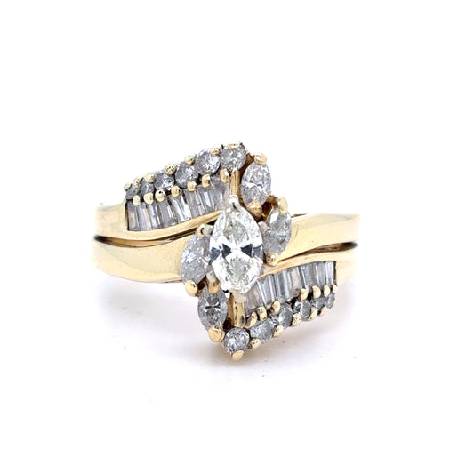 14K Yellow Gold Diamond Wedding Set | Marquise Brilliant Center with Marquise, Round & Baguette Diamonds 1.22 TCW, Size 6.5