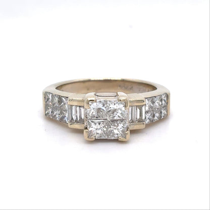 14K White Gold Diamond Ring | Princess Cut and Baguette Natural Diamonds 1.32 TCW , Size 7