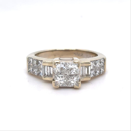 14K White Gold Diamond Ring | Princess Cut and Baguette Natural Diamonds 1.32 TCW , Size 7