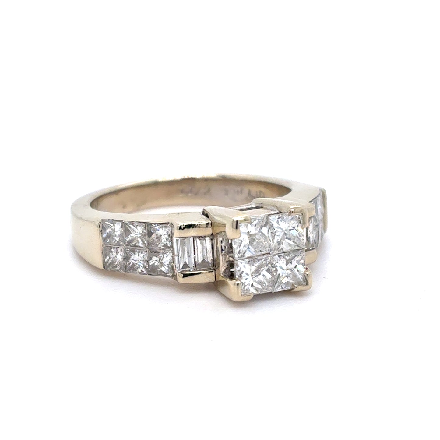 14K White Gold Diamond Ring | Princess Cut and Baguette Natural Diamonds 1.32 TCW , Size 7