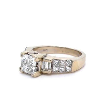 14K White Gold Diamond Ring | Princess Cut and Baguette Natural Diamonds 1.32 TCW , Size 7