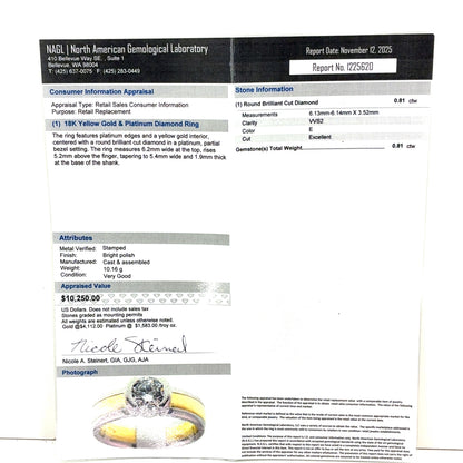 18K Yellow Gold and Platinum Diamond Solitaire Ring | 0.80 Carat E VVS2 – Size 6