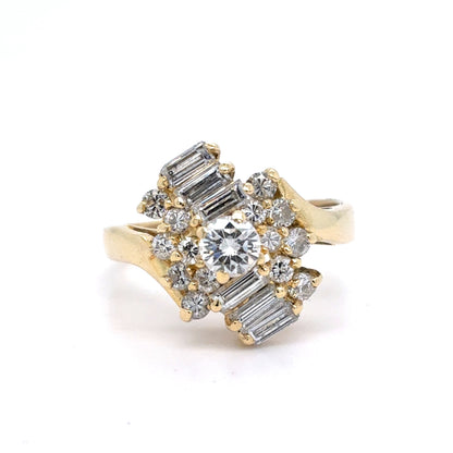 14K Yellow Gold Natural Diamond Ring | Round & Baguette Diamonds 1.34 TCW Size 7