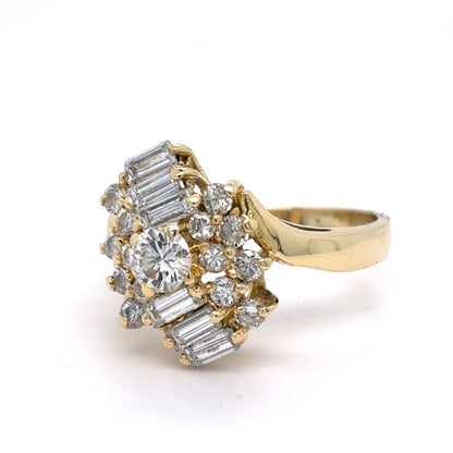 14K Yellow Gold Natural Diamond Ring | Round & Baguette Diamonds 1.34 TCW Size 7
