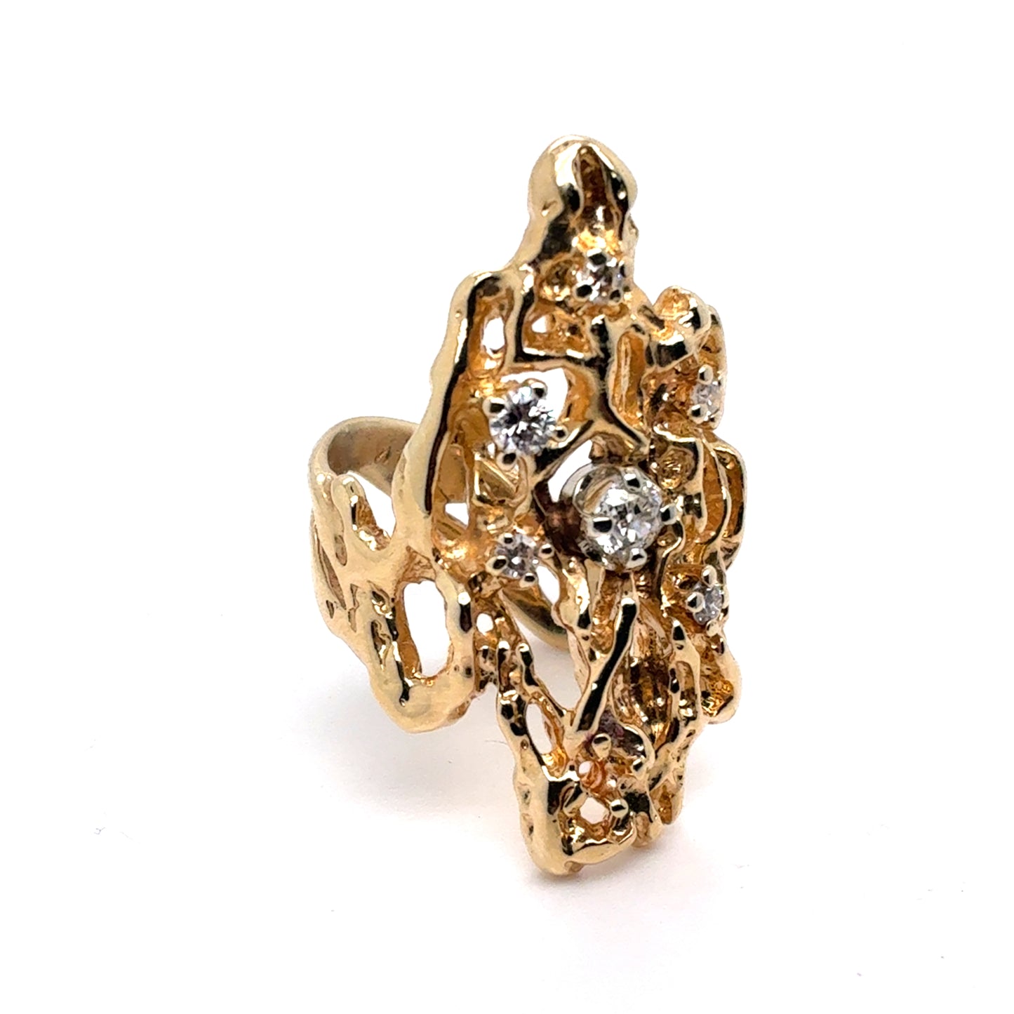 14K Yellow Gold Freeform Brutalist Diamond Ring | Brutalist design, Old European Cut Natural Center 0.35 CTW, Size 5