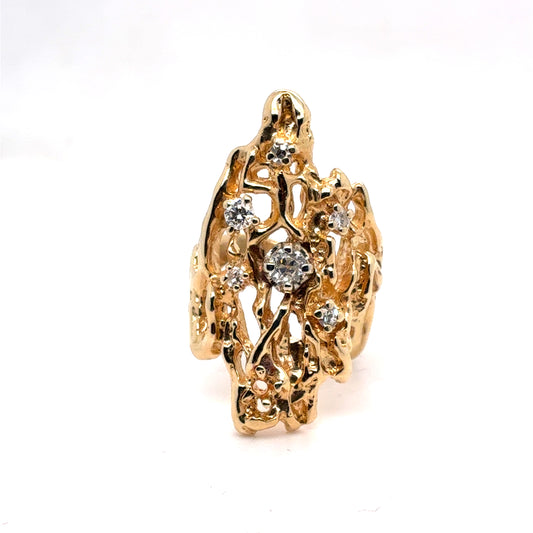 14K Yellow Gold Freeform Brutalist Diamond Ring | Brutalist design, Old European Cut Natural Center 0.35 CTW, Size 5