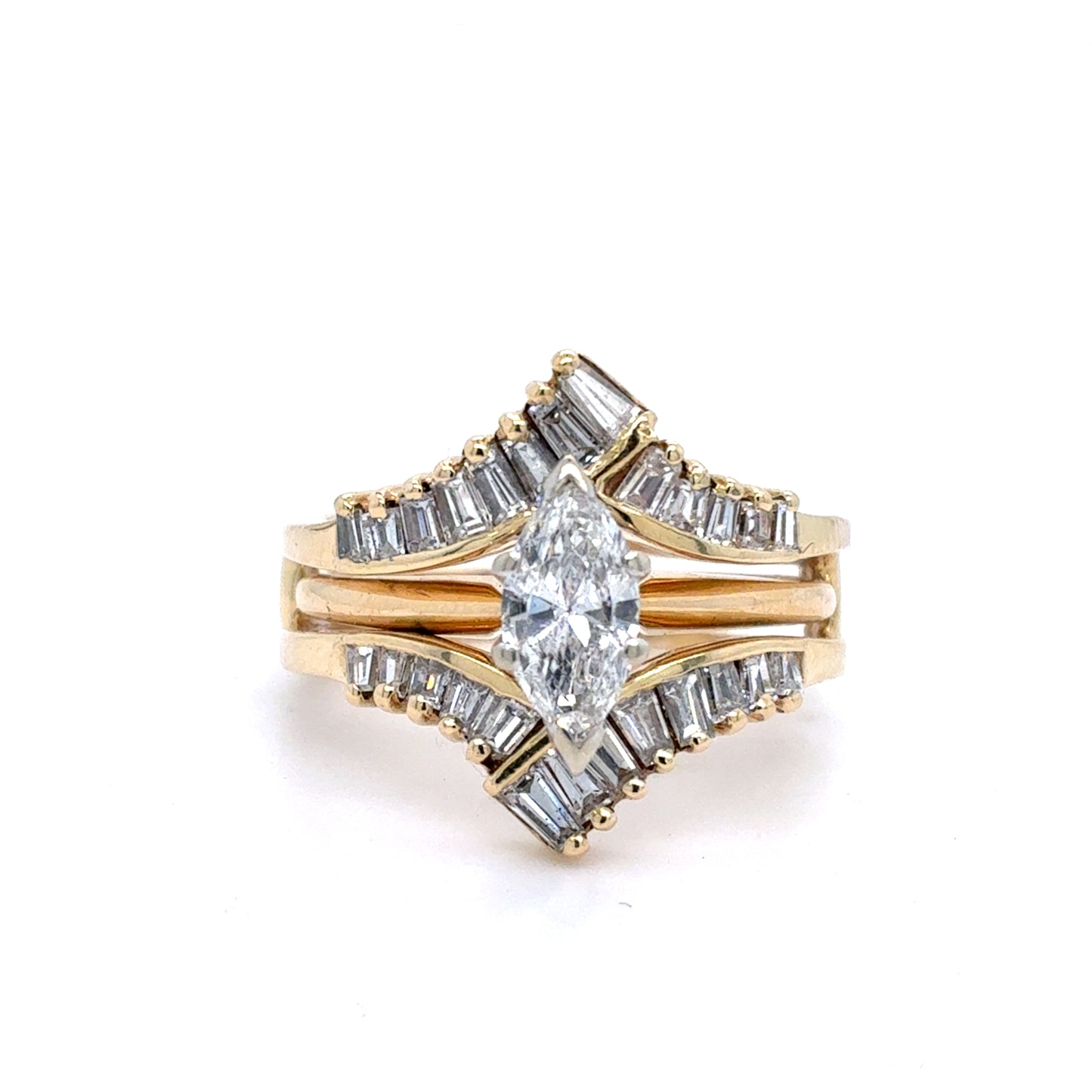 14K Yellow Gold Natural Diamond Wedding Set | Jacket style, Marquise & Baguette Diamonds 1.34 TCW,  Size 7
