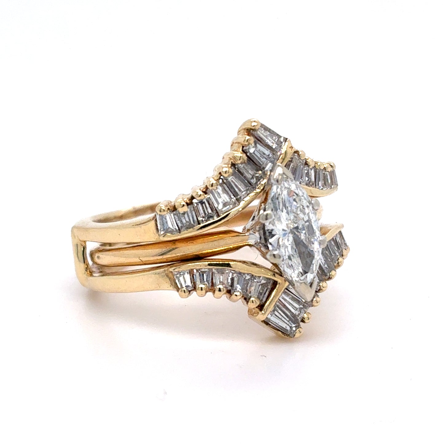 14K Yellow Gold Natural Diamond Wedding Set | Jacket style, Marquise & Baguette Diamonds 1.34 TCW,  Size 7