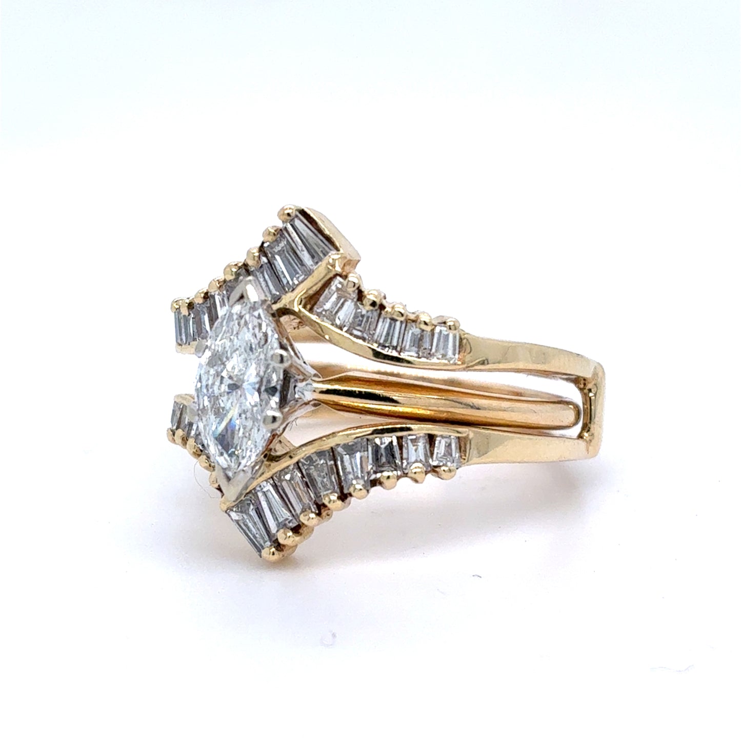 14K Yellow Gold Natural Diamond Wedding Set | Jacket style, Marquise & Baguette Diamonds 1.34 TCW,  Size 7