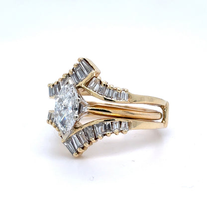 14K Yellow Gold Natural Diamond Wedding Set | Jacket style, Marquise & Baguette Diamonds 1.34 TCW,  Size 7