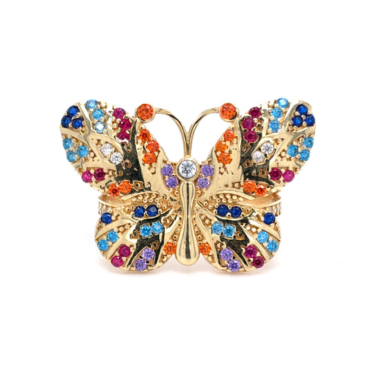 14K Gold Yellow Butterfly CZ Ring | CZ Multi Colored Butterfly, Size 6.25