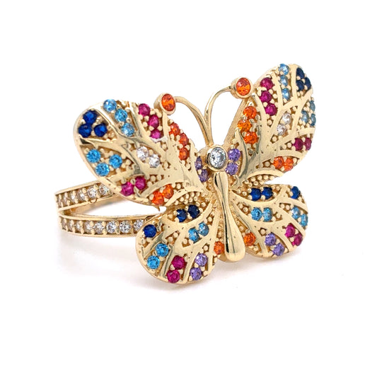 14K Gold Yellow Butterfly CZ Ring | CZ Multi Colored Butterfly, Size 6.25