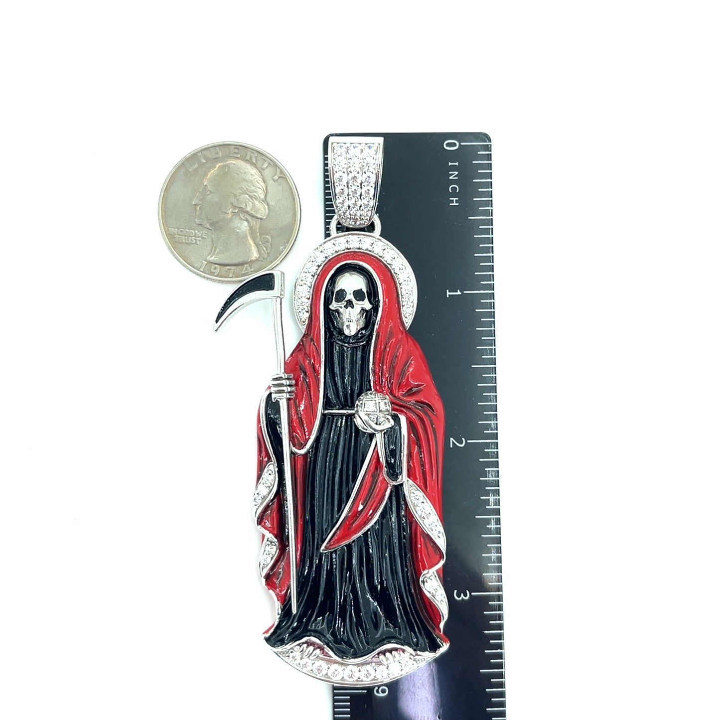 925 Sterling Silver CZ Santa Muerte Angel of Death Pendant | 31.2 grams Enamel and CZs