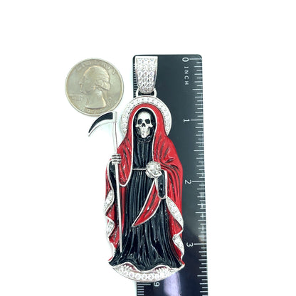 925 Sterling Silver CZ Santa Muerte Angel of Death Pendant | 31.2 grams Enamel and CZs