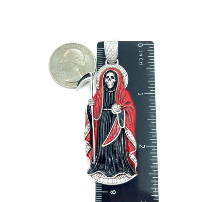925 Sterling Silver CZ Santa Muerte Angel of Death Pendant | 18.2 grams Enamel and CZs