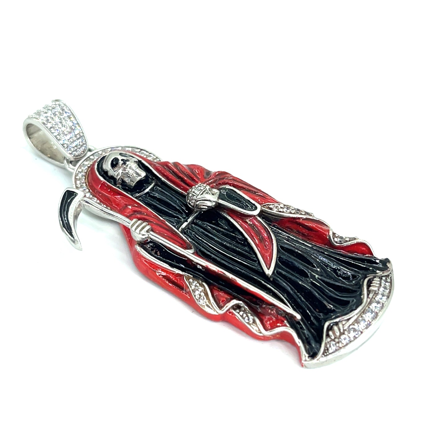 925 Sterling Silver CZ Santa Muerte Angel of Death Pendant | 31.2 grams Enamel and CZs