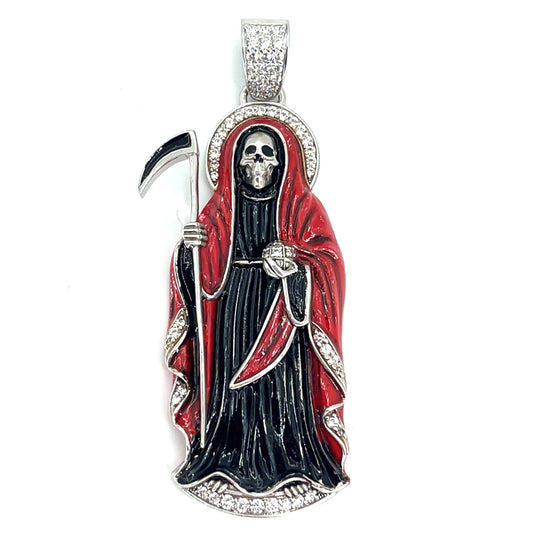 925 Sterling Silver CZ Santa Muerte Angel of Death Pendant | 31.2 grams Enamel and CZs