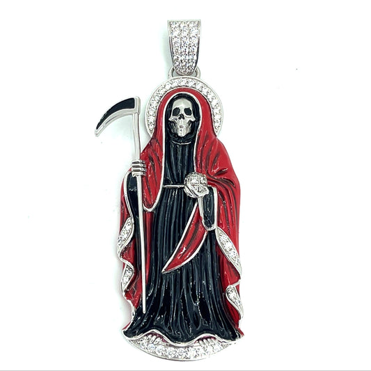925 Sterling Silver CZ Santa Muerte Angel of Death Pendant | 18.2 grams Enamel and CZs