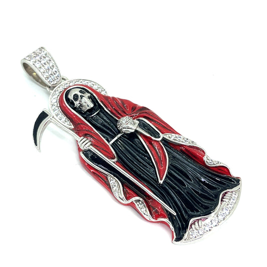 925 Sterling Silver CZ Santa Muerte Angel of Death Pendant | 18.2 grams Enamel and CZs