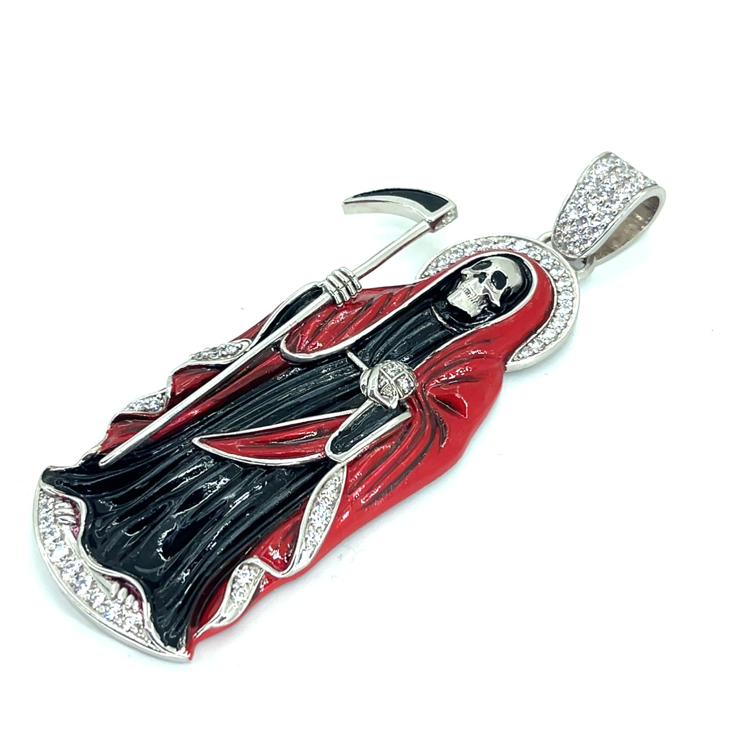 925 Sterling Silver CZ Santa Muerte Angel of Death Pendant | 18.2 grams Enamel and CZs