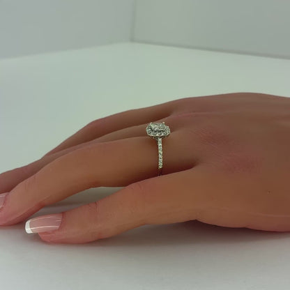 14K White Gold Natural Diamond Cushion Cut Halo Engagement Ring | Cushion, Trilliant & Round 0.75 TCW, H SI1, Size 6.5