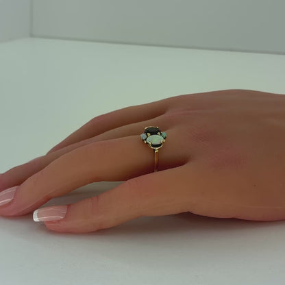 10K Yellow Gold Natural Garnet & Opal Art Deco Toi et Moi Ring | Oval & Round 2.05 TCW, Size 6.5