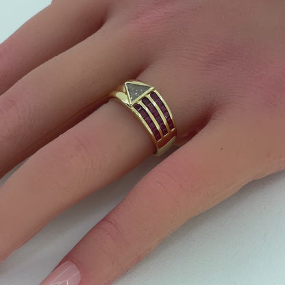 18K Yellow Gold Ruby and Diamond Ring | Triangle Diamond .50CT I SI1, .09CT Rubies, Size 7