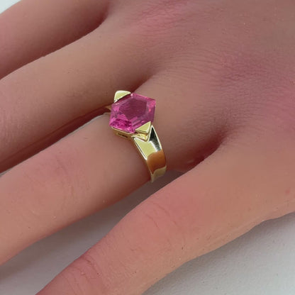 18K Yellow Gold Hexagon Cut Pink Tourmaline Ring | 3.80 CTW, Size 5.75