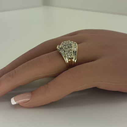 10K Yellow Gold Natural Diamond Cluster Ring | Round & Baguette 1.04 TCW, G-H I1-I2, Size 5