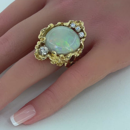 18K Yellow Gold Brutalist style Opal and Old Cut Diamond Ring |  Opal 8.48ct, Diamond .77TCW, Size 9.5
