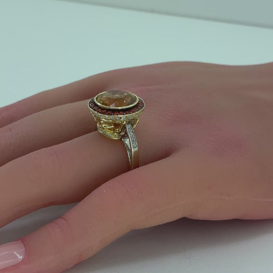 14K Two Tone Gold Citrine & Diamond Ring | Round Citrine with Sapphire Halo 7.29 CTW, Size 7.5