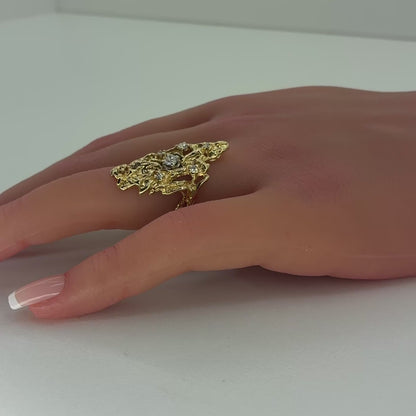 14K Yellow Gold Freeform Brutalist Diamond Ring | Brutalist design, Old European Cut Natural Center 0.35 CTW, Size 5