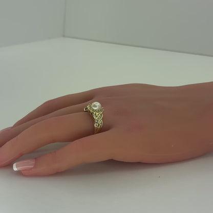 14K Yellow Gold Natural Pearl & Diamond Halo Fashion Ring | Round Akoya Pearl & Round 0.45 TCW, I I1, Size 10