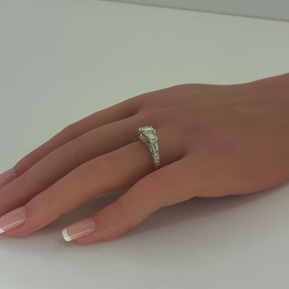 14K White Gold Emerald Cut Diamond Cluster Ring | Emerald, Baguette, and round cut natural Diamonds 1.20 TCW F-G SI, Size 7