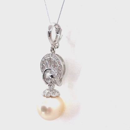 14K White Gold Cultured Saltwater Pearl & Diamond Pendant | Round & Baguette 0.24 TCW, G-I SI1-I1