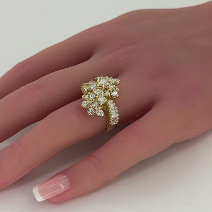18K Yellow Gold Natural Diamond Cluster Ring Waterfall Style | Round, Baguette diamonds 3.91 TCW H-I color VS clarity, Size 5.5