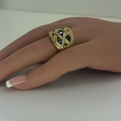 18K Yellow Gold Natural Sapphire & Diamond Crisscross Band Ring | Round, Triangle & Trapezoid 2.99 TCW, F-G VS1-VS2, Size 8