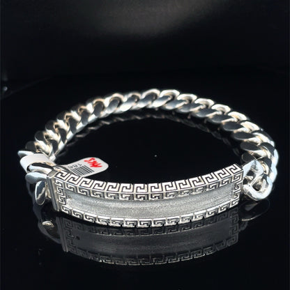 925 Sterling Silver Men’s 8.75” Satin Greek ID Cuban Bracelet 57.10g 13mm0