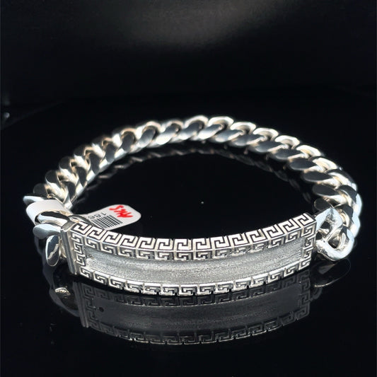925 Sterling Silver Men’s 8.75” Satin Greek ID Cuban Bracelet 57.10g 13mm0
