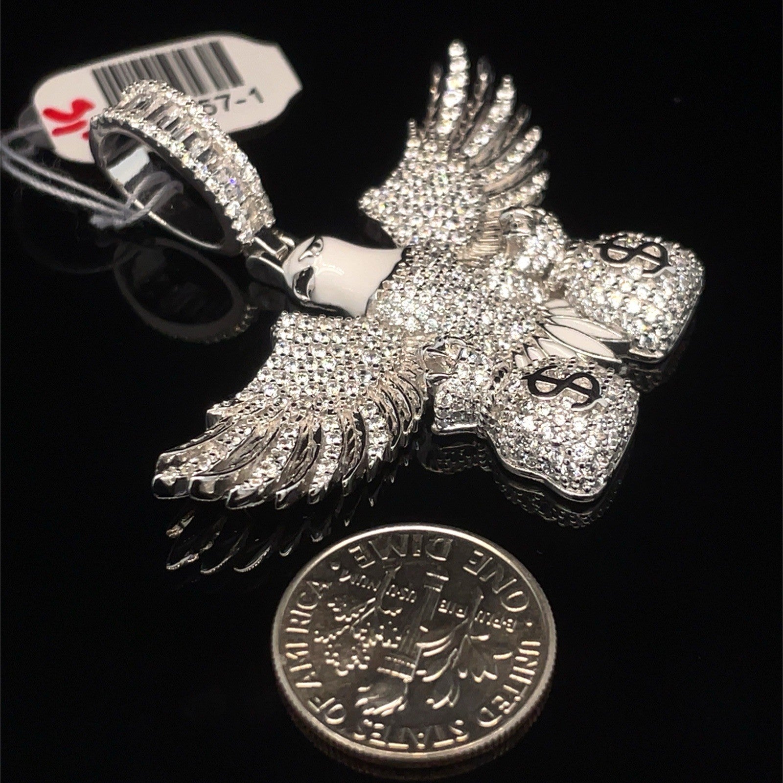 925 Sterling Silver Men’s CZ Bald Eagle With Bags Pendant 15.50g3