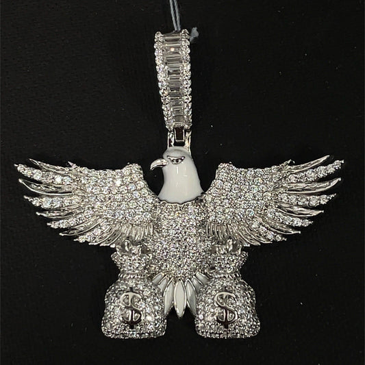 925 Sterling Silver Men’s CZ Bald Eagle With Bags Pendant 15.50g0