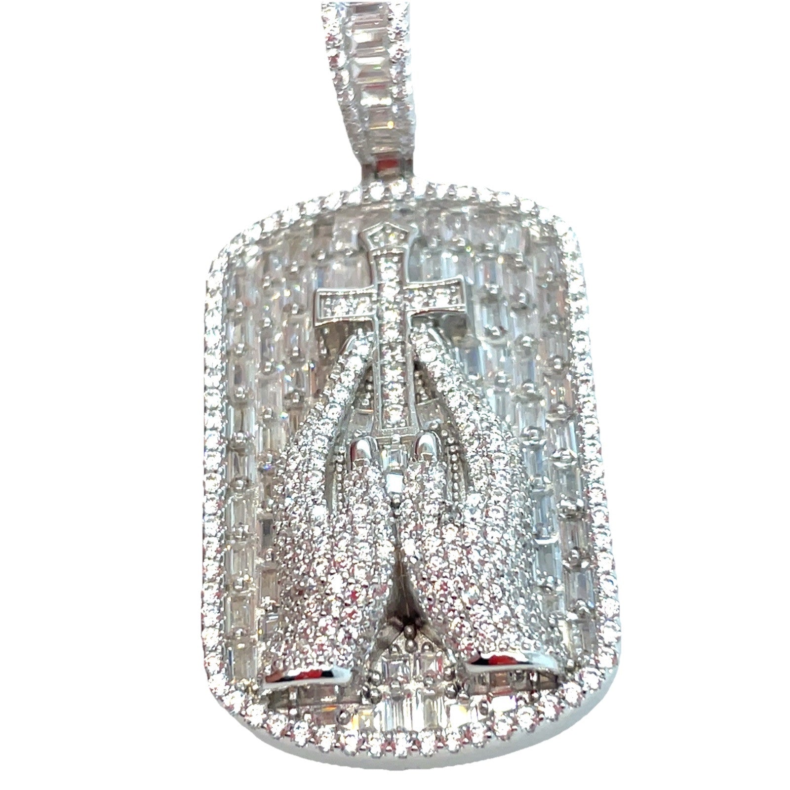 925 Sterling Silver CZ Praying Hands Dog Tag Pendant 16.80g0